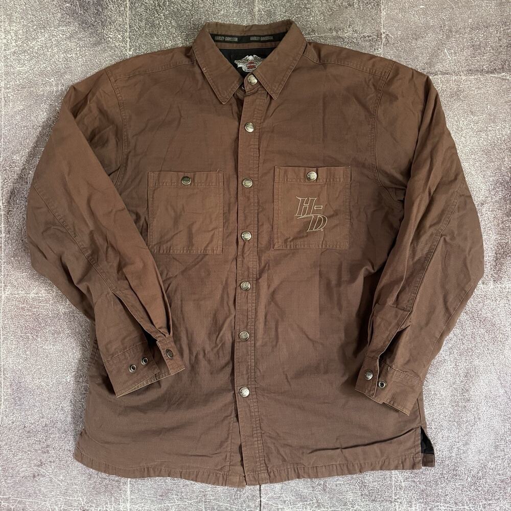 Men's Vintage Y2K Harley Davidson Motorcycles Brown Ripstop Button Up Shirt Sz L